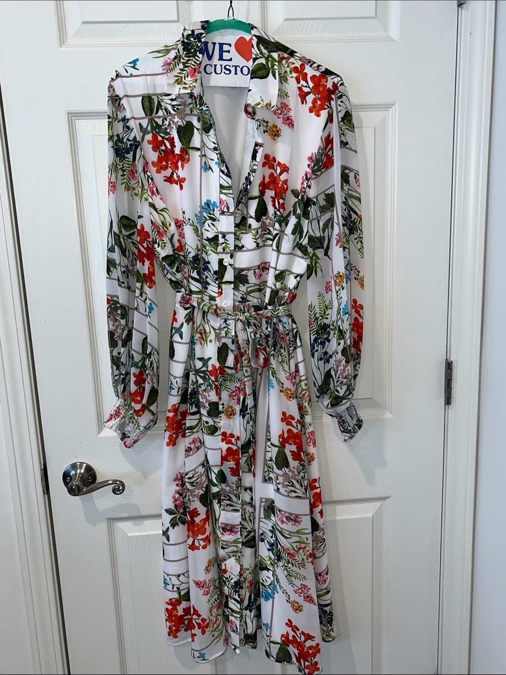 Floral Tie-Waist Shirt Dress - White with Red & Green Floral Print